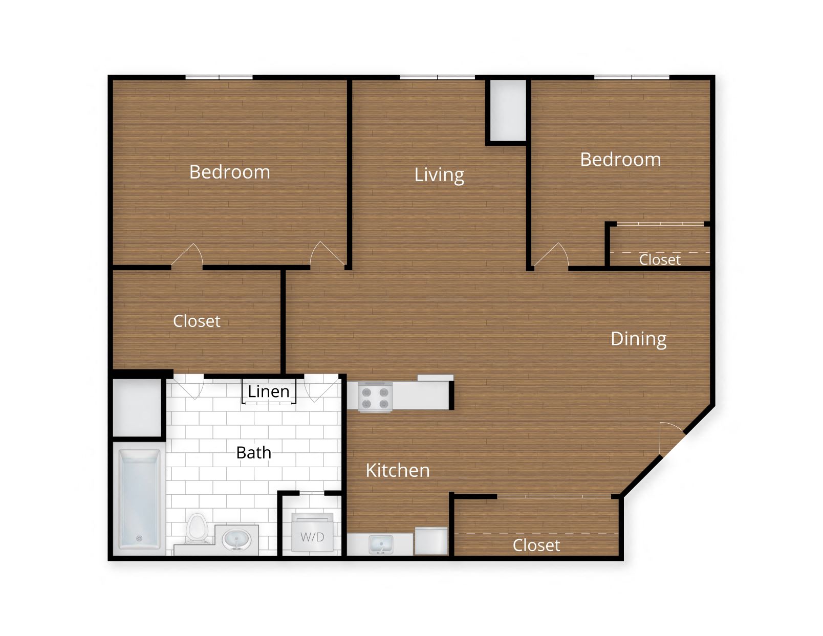 Floor plan for 2 beds, 1 bath, 1013 sqft